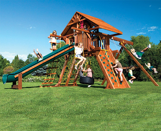 Monster Castle Pkg II Loaded with Wood Roof (25D) - Rainbow Play Systems of Texas