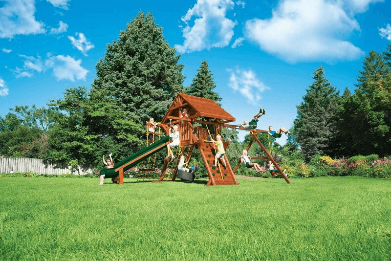 Rainbow Castle Pkg II Loaded with Wood Roof (18C) - Rainbow Play Systems of Texas